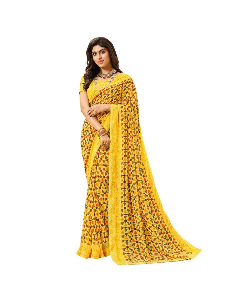 Pisara Yellow Georgette  Abstract Print with lace border Saree