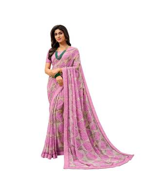 Pisara Pink Georgette  Abstract Print with lace border Saree 1