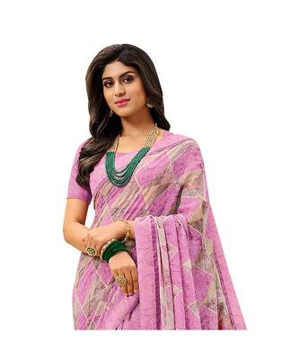 Pisara Pink Georgette  Abstract Print with lace border Saree 2