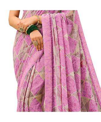Pisara Pink Georgette  Abstract Print with lace border Saree 4