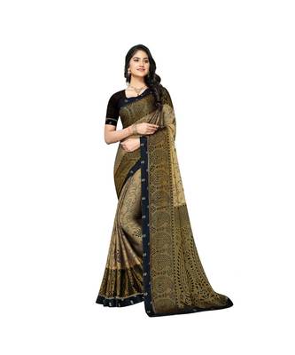 Pisara Beige Chiffon Brasso  Floral Print with Lace border Saree 1