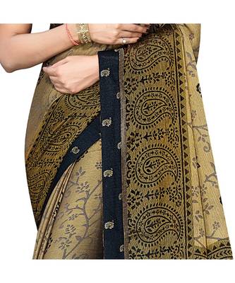 Pisara Beige Chiffon Brasso  Floral Print with Lace border Saree 4