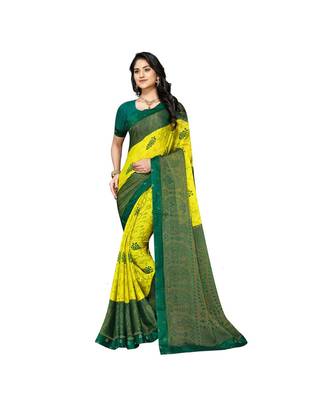 Pisara yellow Chiffon Brasso  Floral Print with Lace border Saree 1