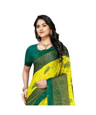 Pisara yellow Chiffon Brasso  Floral Print with Lace border Saree 2