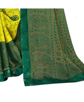 Pisara yellow Chiffon Brasso  Floral Print with Lace border Saree 3