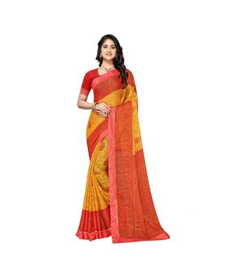 Pisara Orange Chiffon Brasso  Floral Print with Lace border Saree 1