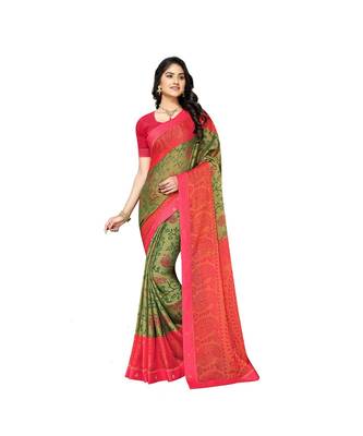 Pisara Green Chiffon Brasso  Floral Print with Lace border Saree 1