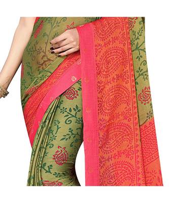 Pisara Green Chiffon Brasso  Floral Print with Lace border Saree 4