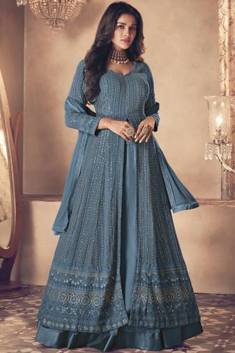 Blue Traditional Sequence Embroidered Wedding Anarkali Lehenga