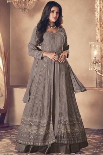 Grey Traditional Sequence Embroidered Wedding Anarkali Lehenga