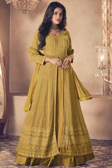 Yellow Traditional Sequence Embroidered Wedding Anarkali Lehenga