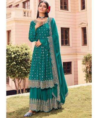 Turquoise Georgette Pakistani Salwar Kameez 1
