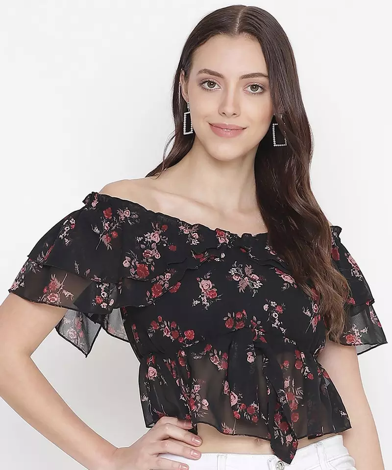 Black floral print  tie-knot off-shoulder women top