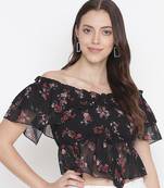 Black floral print  tie-knot off-shoulder women top