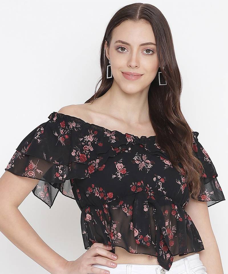 Black floral print  tie-knot off-shoulder women top