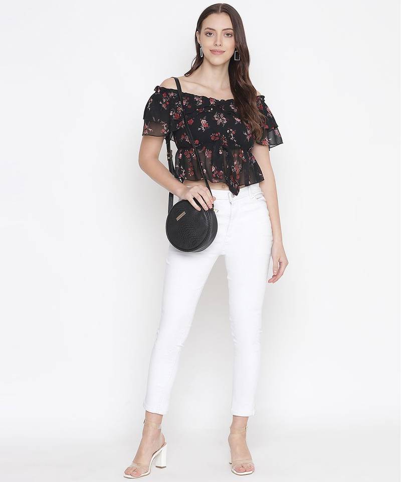 Black floral print  tie-knot off-shoulder women top