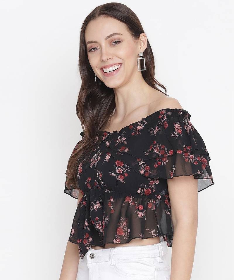 Black floral print  tie-knot off-shoulder women top