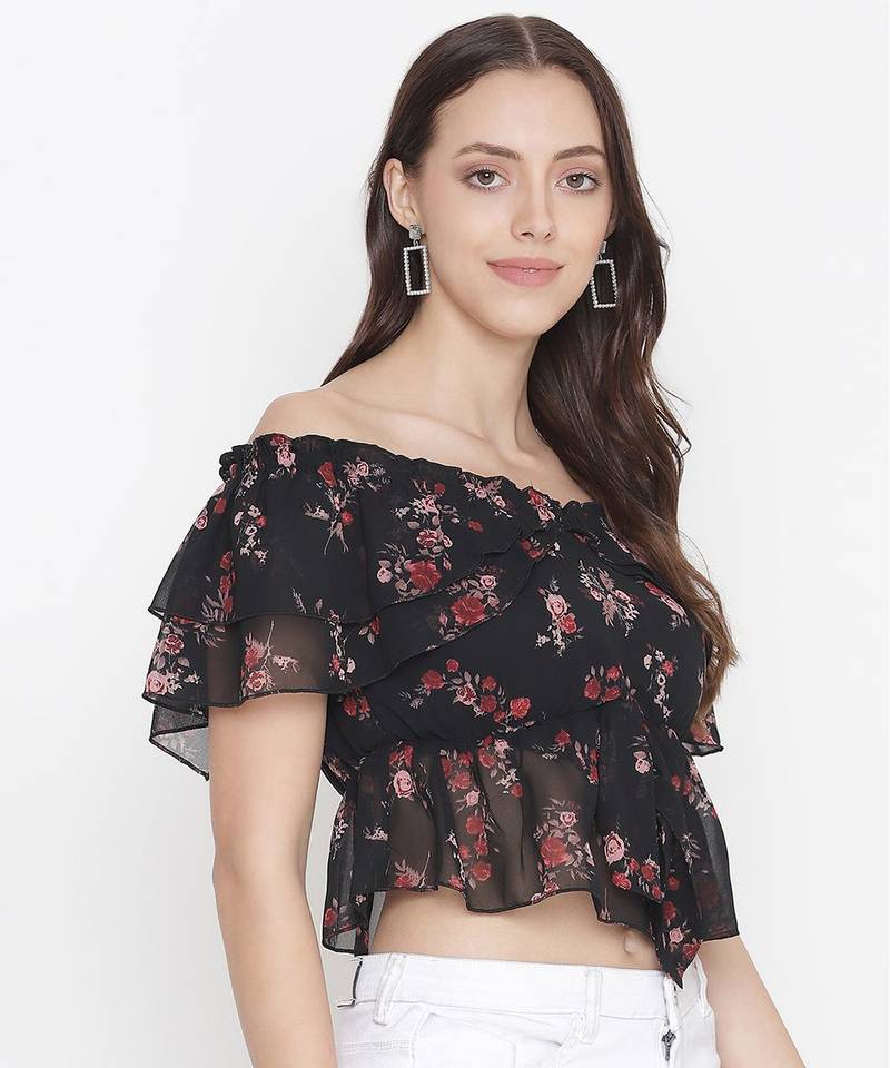 Black floral print  tie-knot off-shoulder women top