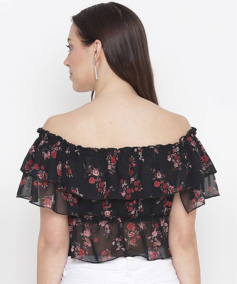 Black floral print  tie-knot off-shoulder women top