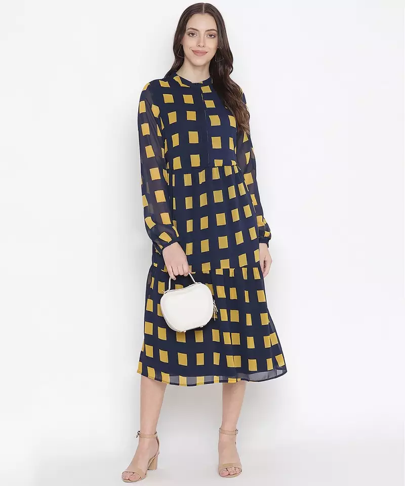 Navy Printed checks lining ptretty women dress