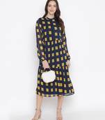 Navy Printed checks lining ptretty women dress