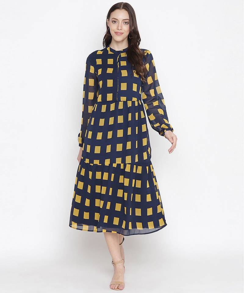 Navy Printed checks lining ptretty women dress