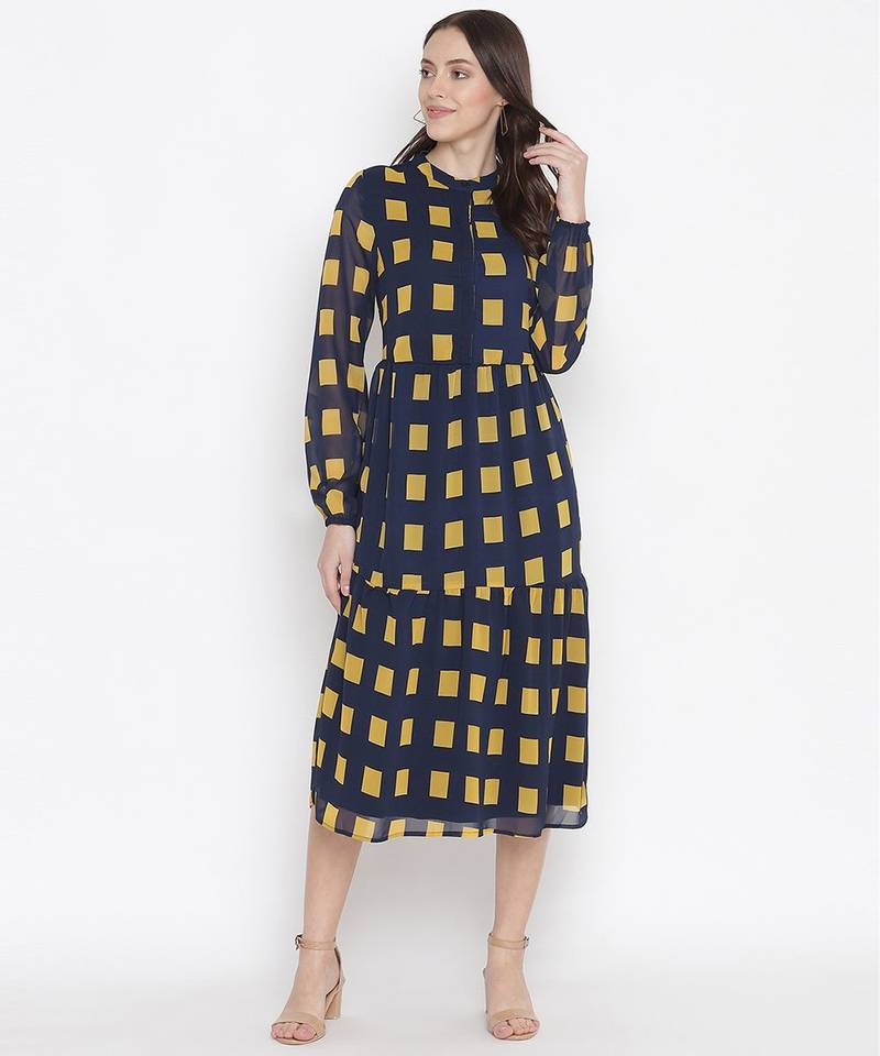 Navy Printed checks lining ptretty women dress