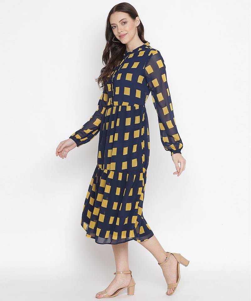 Navy Printed checks lining ptretty women dress