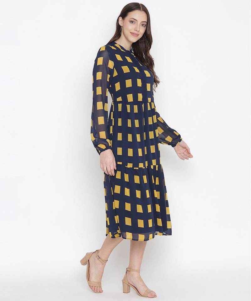Navy Printed checks lining ptretty women dress