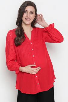 Red embroided sleeve good looking maternity pleated tunic