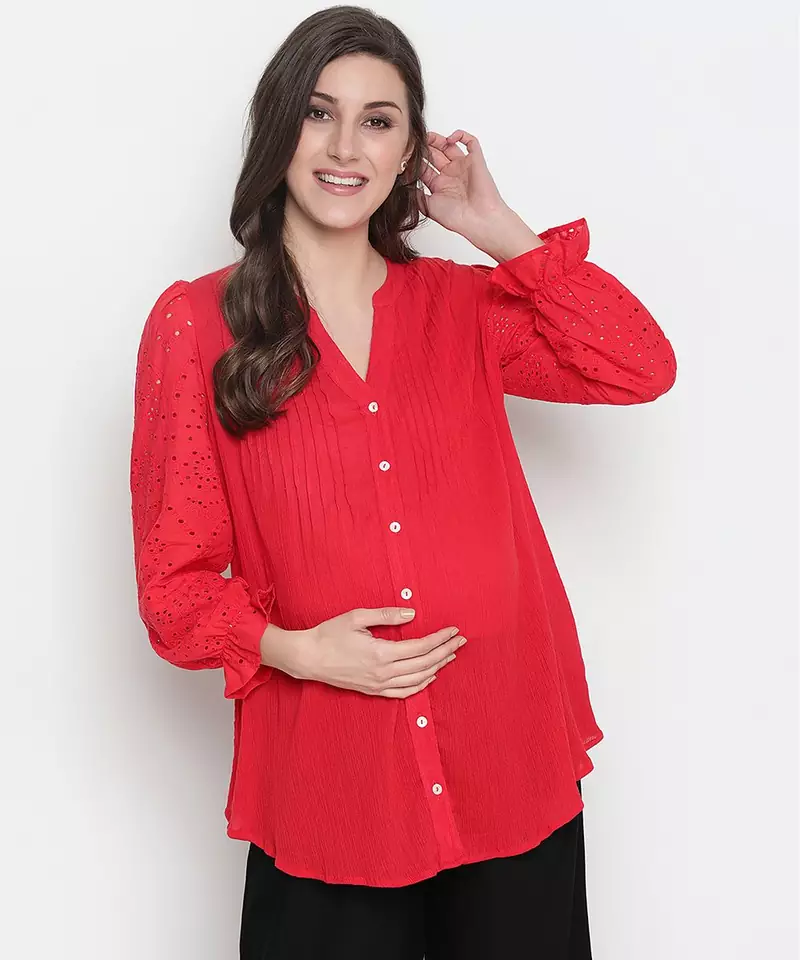 Red embroided sleeve good looking maternity pleated tunic