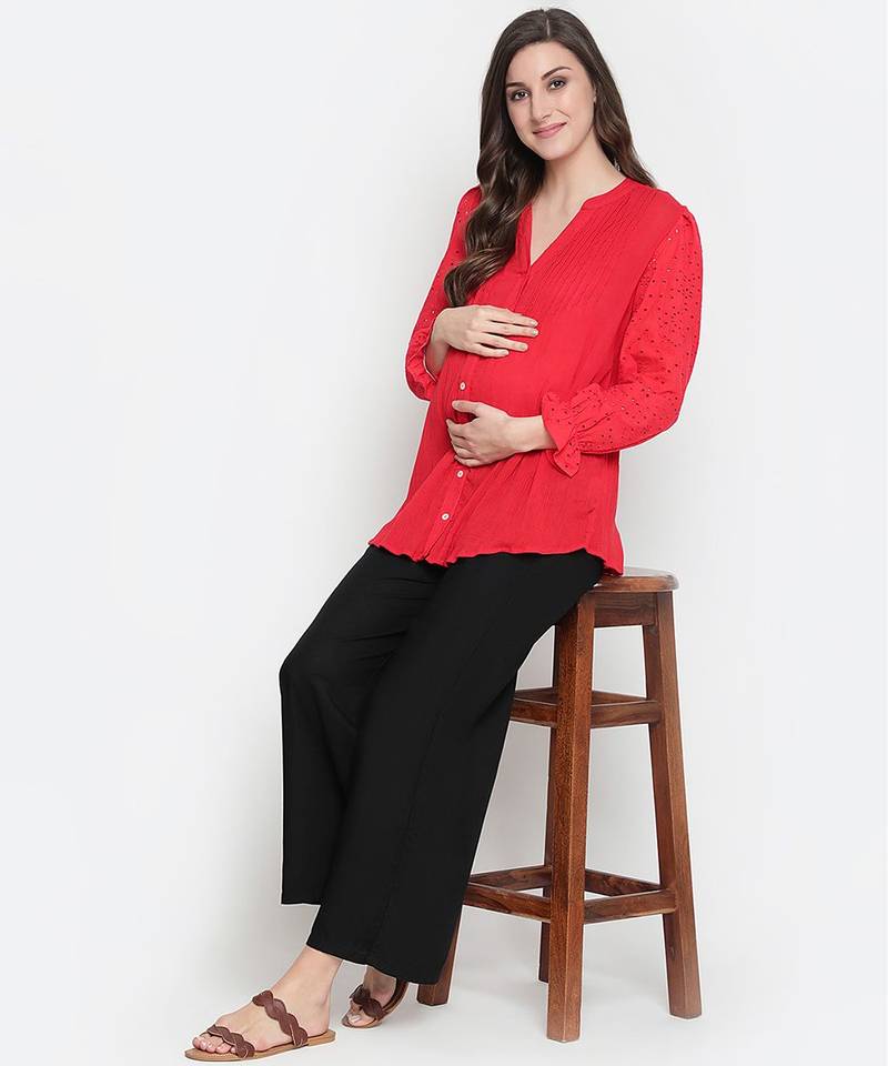 Red embroided sleeve good looking maternity pleated tunic