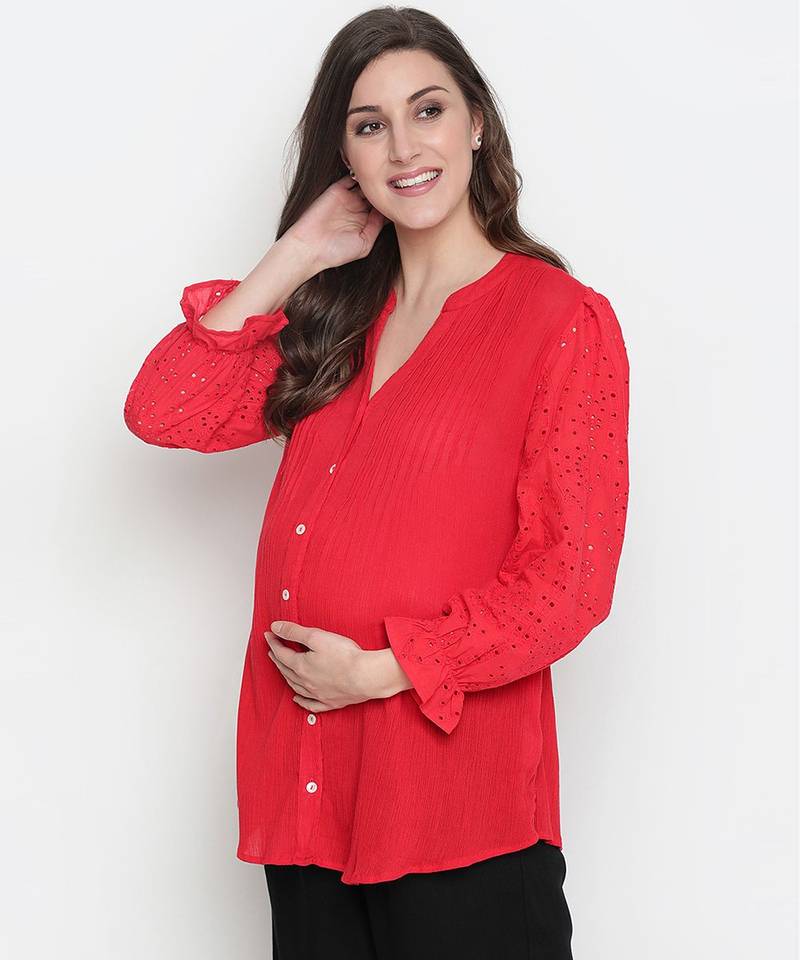 Red embroided sleeve good looking maternity pleated tunic