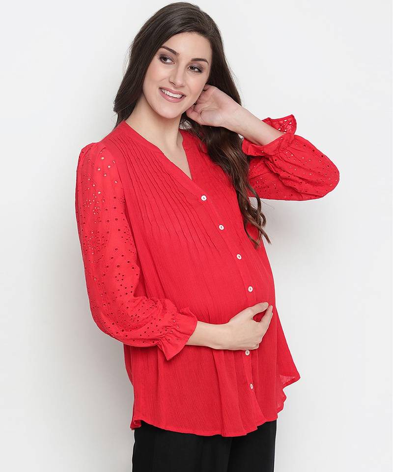 Red embroided sleeve good looking maternity pleated tunic