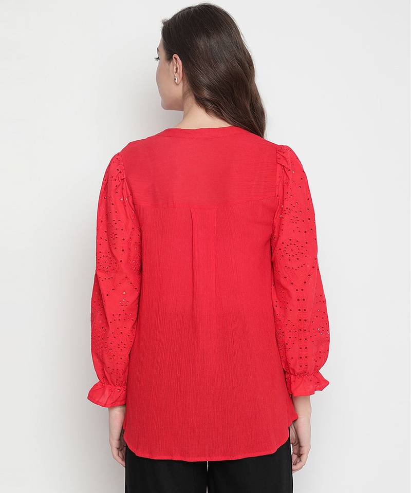 Red embroided sleeve good looking maternity pleated tunic