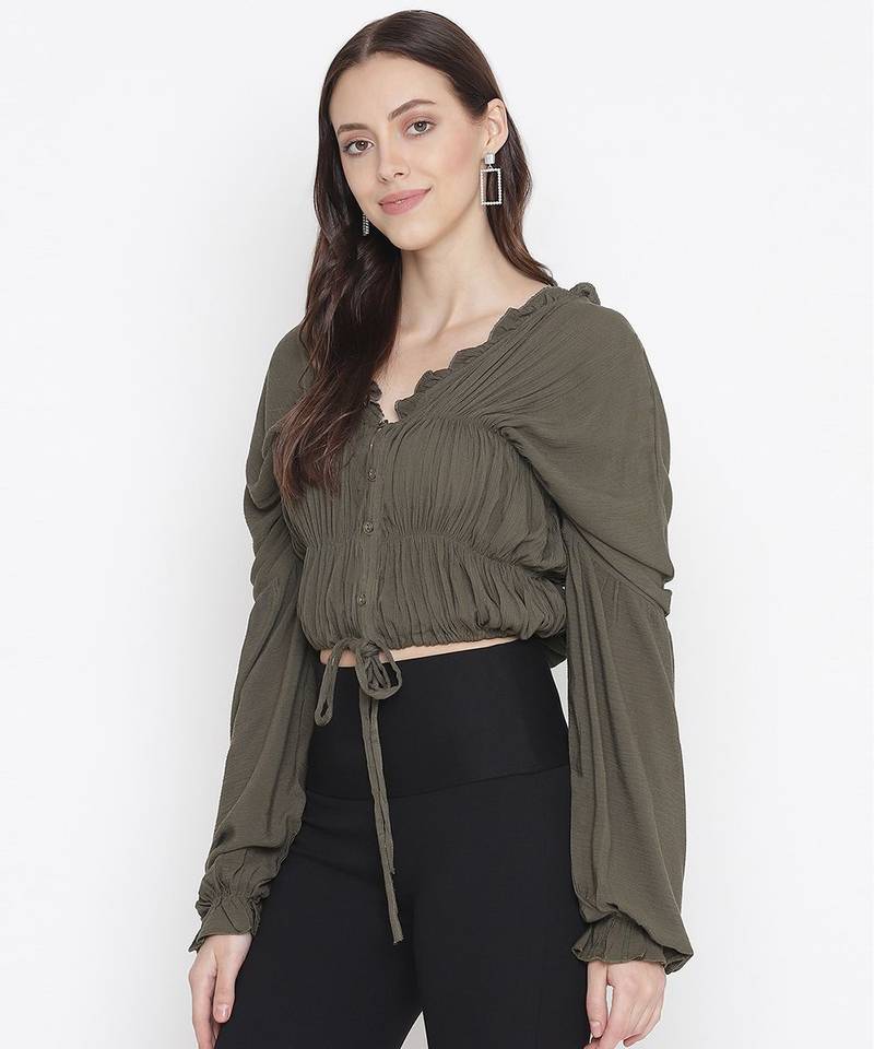 Ootd khaki color tie-knot women stylish top