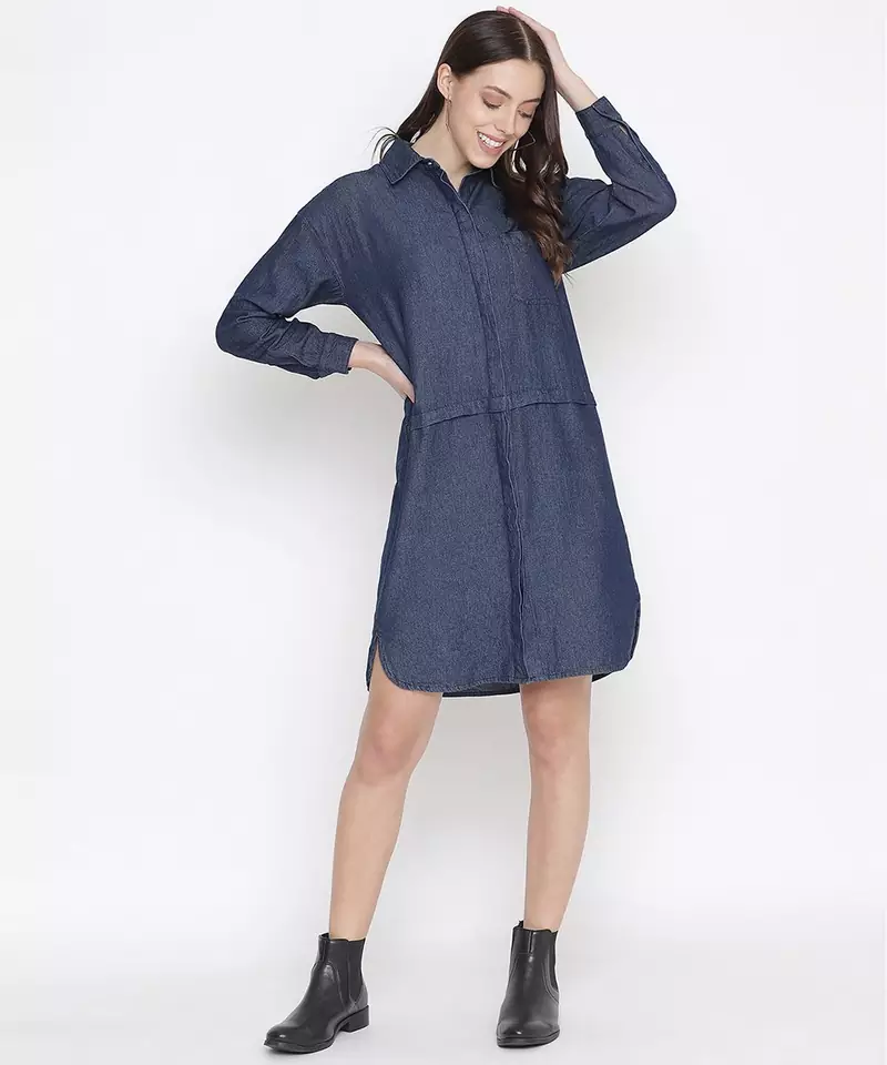 Evergreen cotton denim women button-down women dress