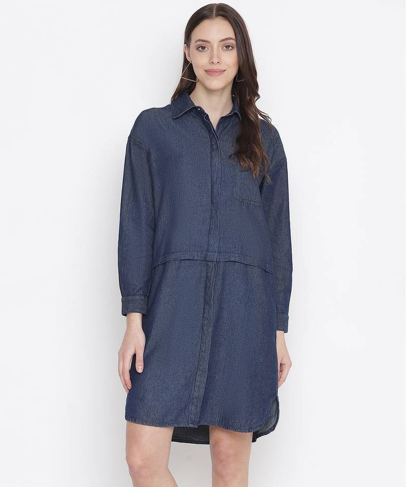 Evergreen cotton denim women button-down women dress
