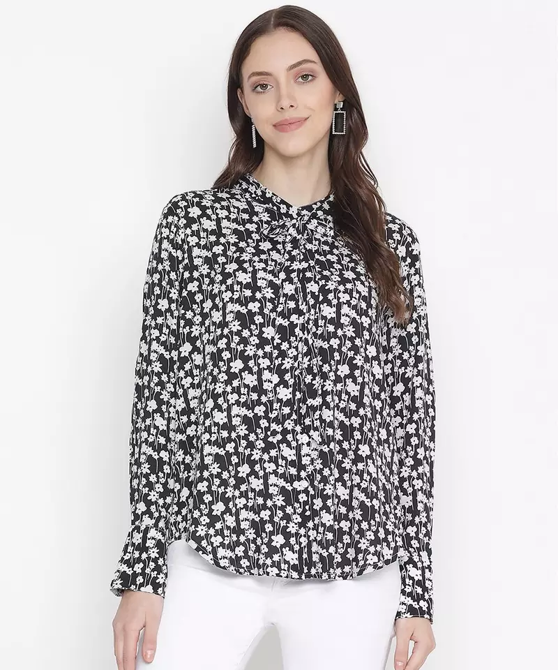 Bleek black floral print trendy  tie-knot women top
