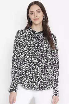 Bleek black floral print trendy  tie-knot women top