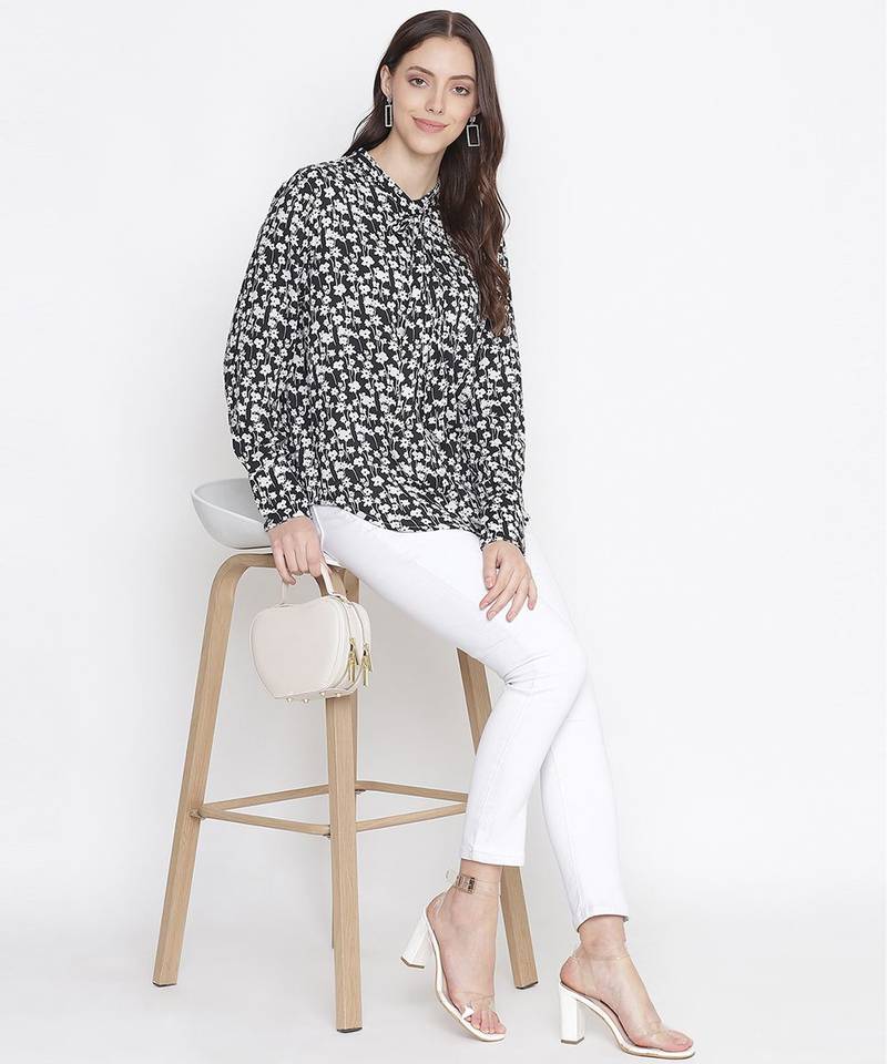 Bleek black floral print trendy  tie-knot women top