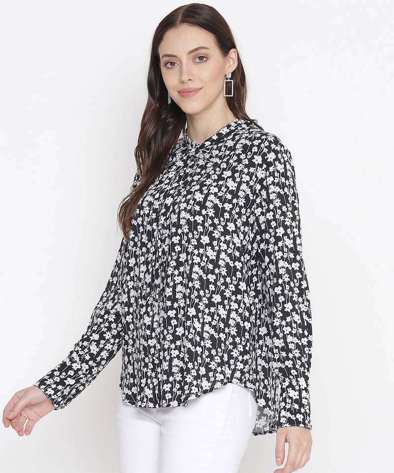 Bleek black floral print trendy  tie-knot women top