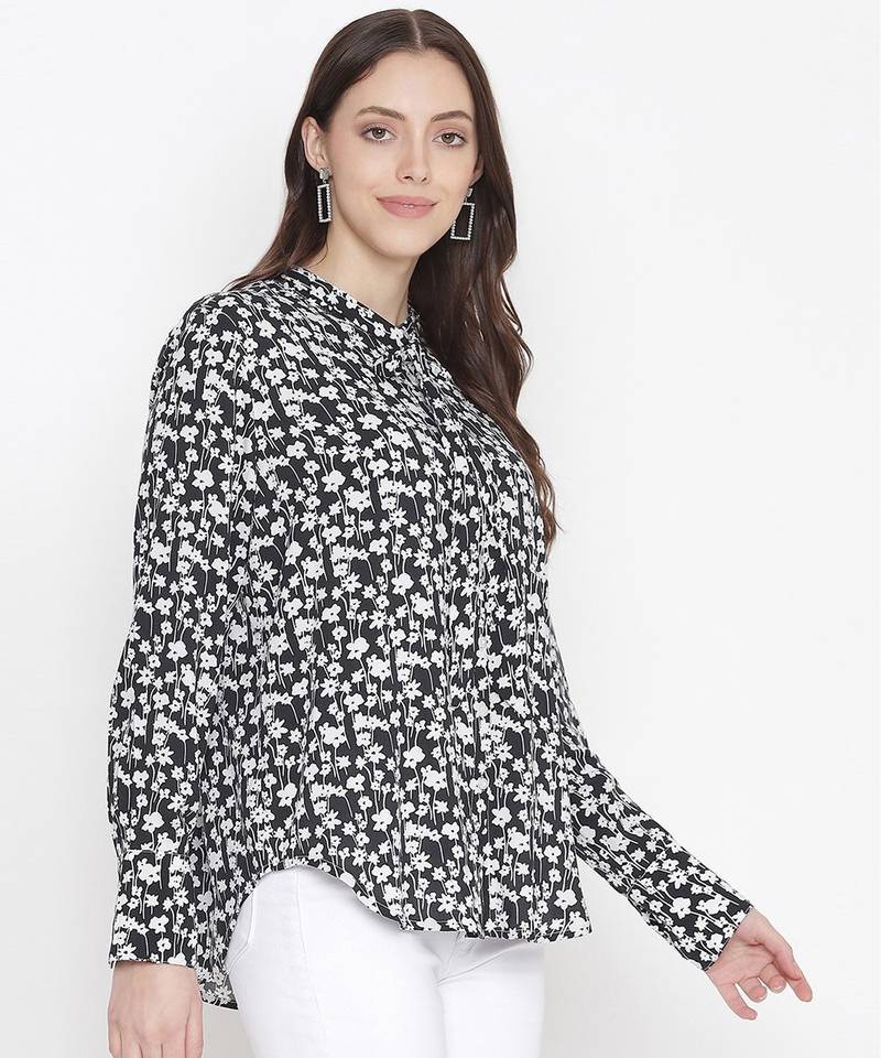 Bleek black floral print trendy  tie-knot women top