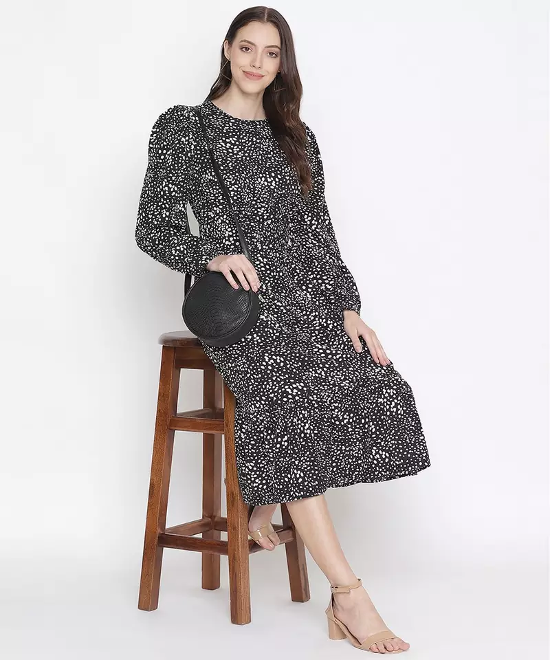 Black floral printed belted lovely women dress