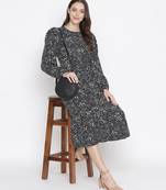 Black floral printed belted lovely women dress