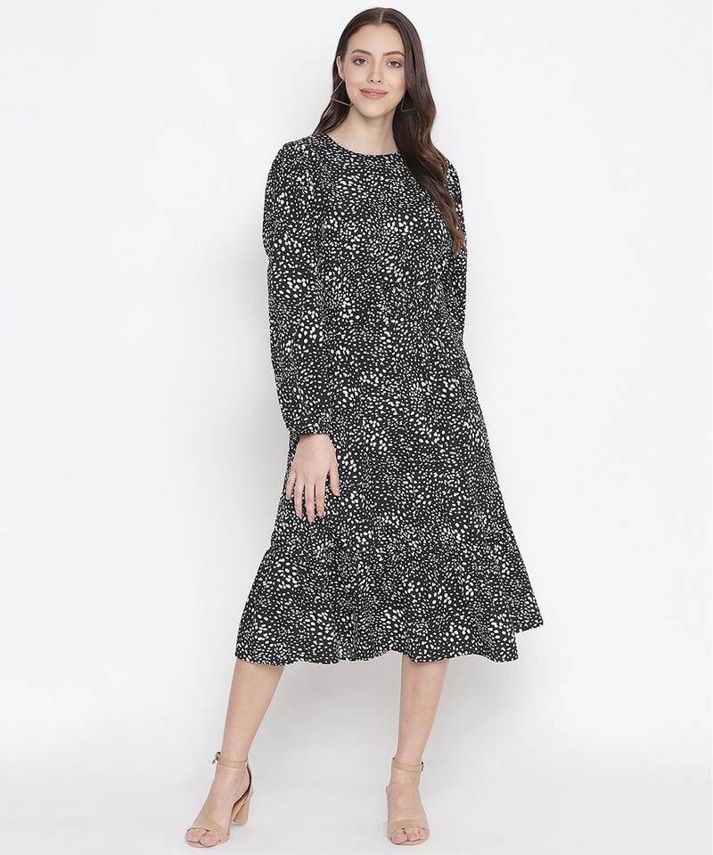 Black floral printed belted lovely women dress