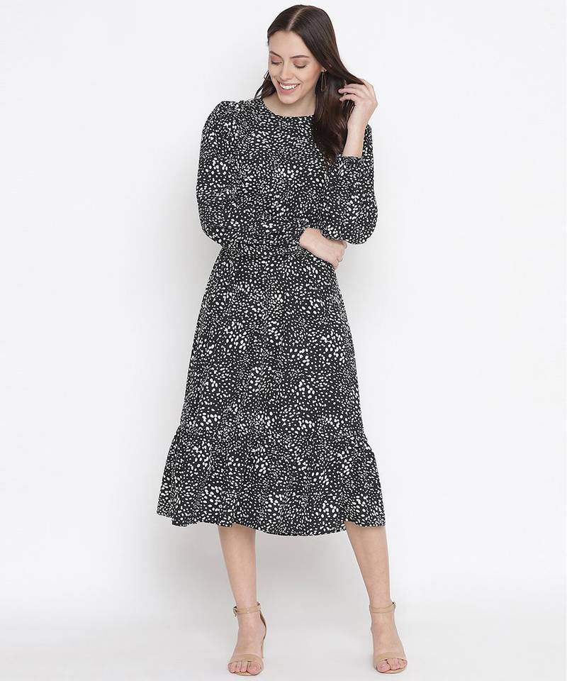 Black floral printed belted lovely women dress