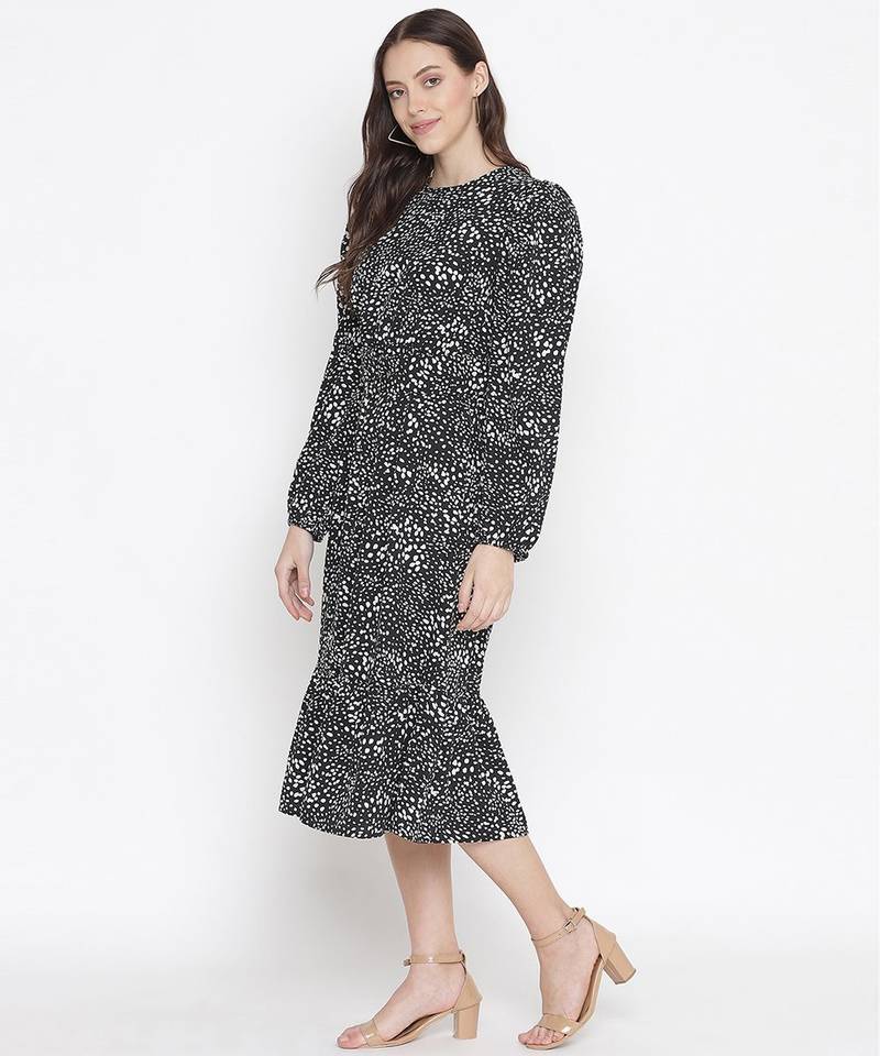 Black floral printed belted lovely women dress