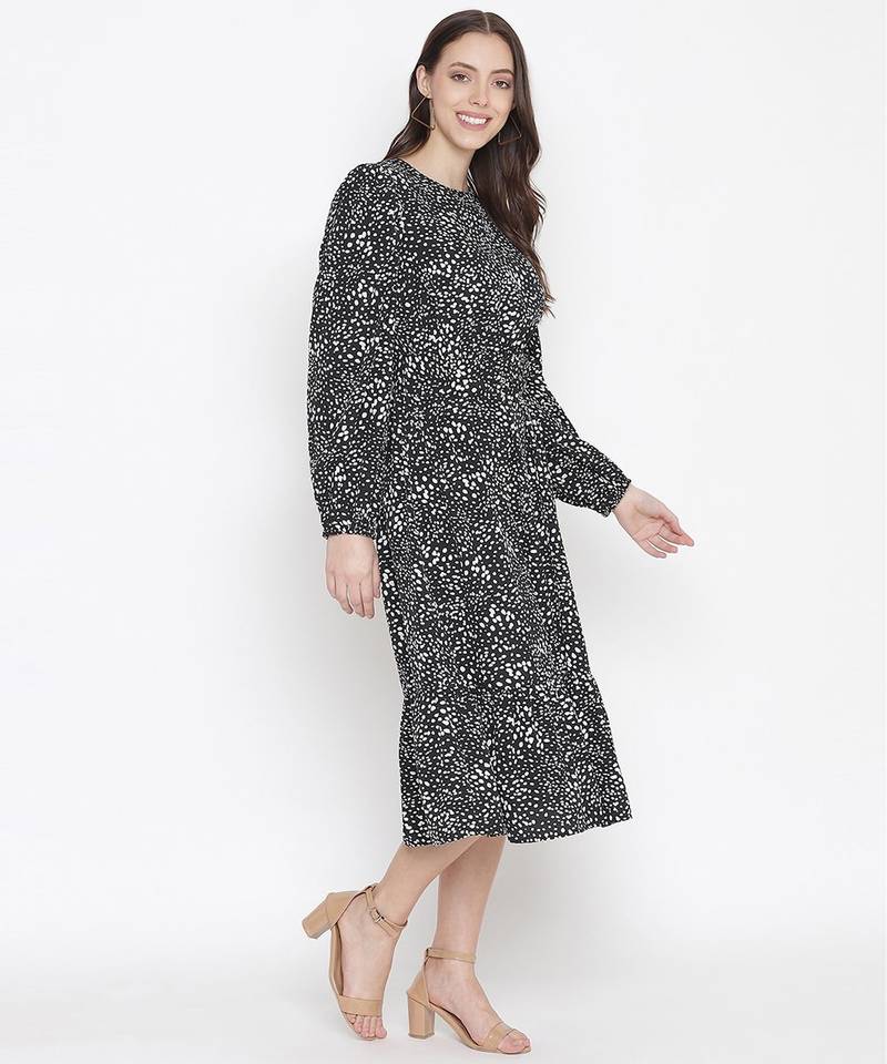 Black floral printed belted lovely women dress