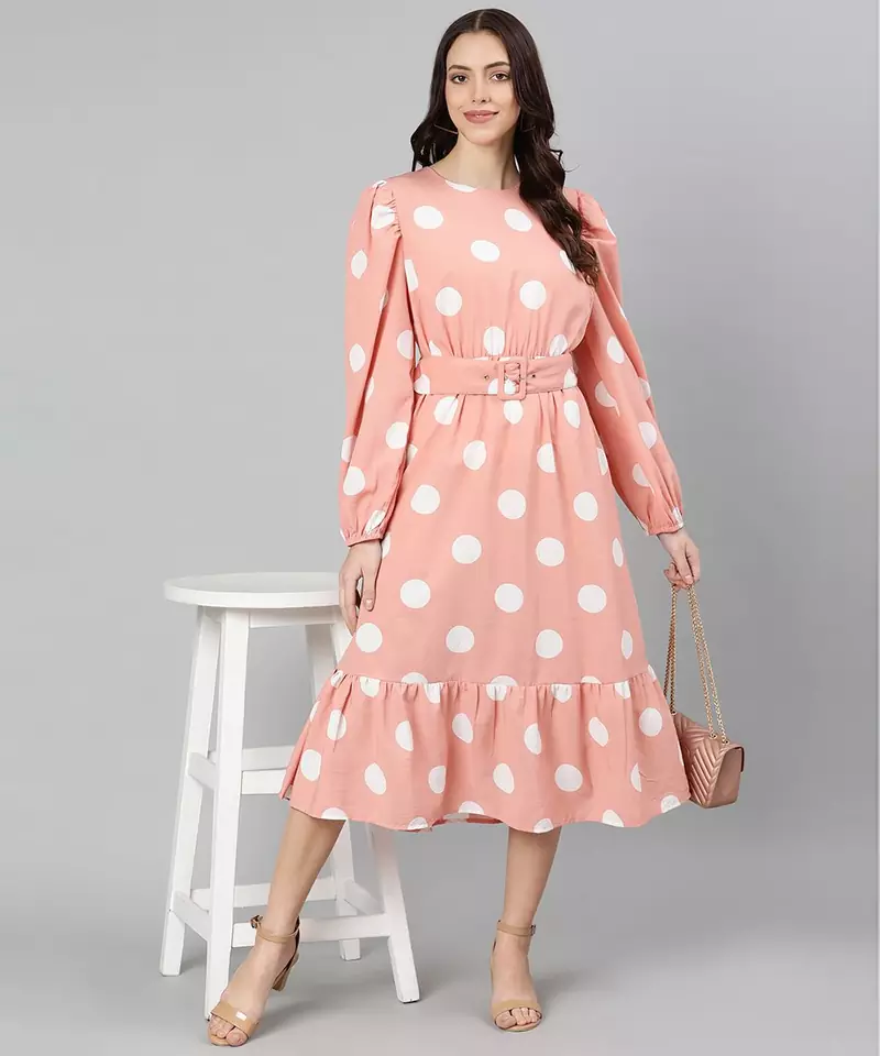 Eronic cute peachy polka print belted women dress